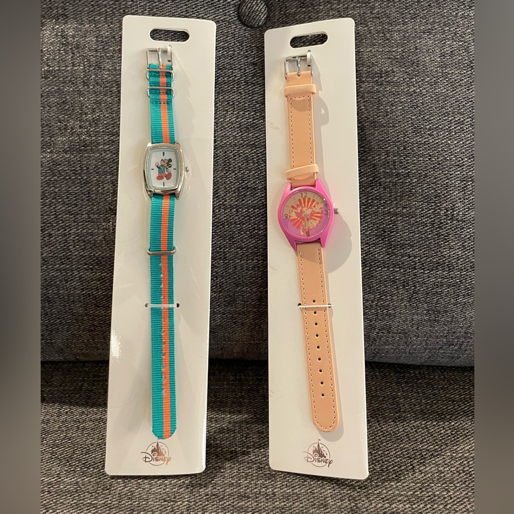 New - Disney Watch Set with Teal- Orange Mickey and Pink - Peach Strap Minnie